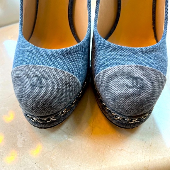 Chanel Denim Chain Around Cap Toe Platform Pumps 40 Blue Gris Fonce - Picture 4 of 7